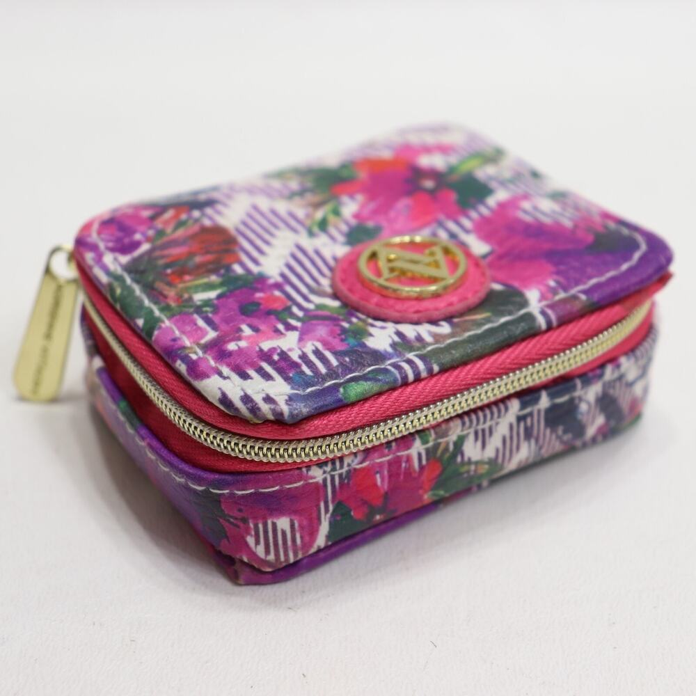 Adrienne Vittadini Travel Case Zip Around Pink Purple Green Floral Lined Jewelry